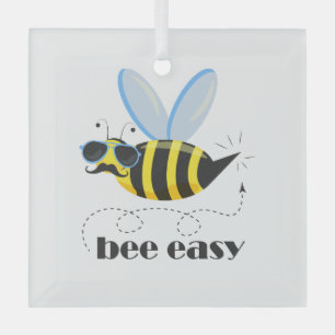 Bee character with moustache sunglasses Bee Easy Glass Ornament