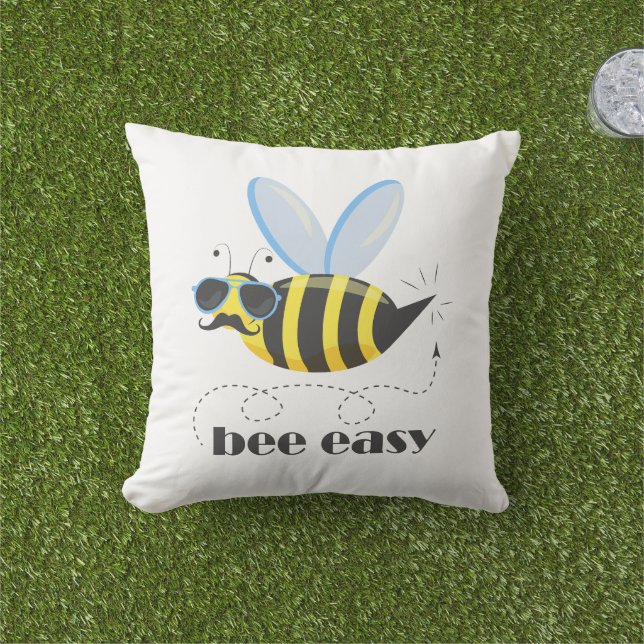 Bee character with moustache sunglasses Bee Easy Outdoor Pillow (Grass)