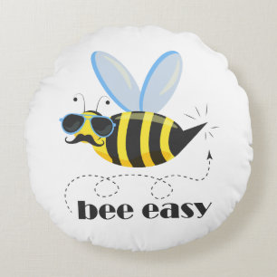 Bee character with moustache sunglasses Bee Easy Round Pillow
