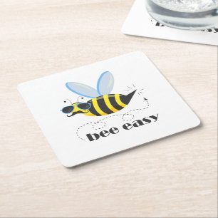 Bee character with moustache sunglasses Bee Easy Square Paper Coaster