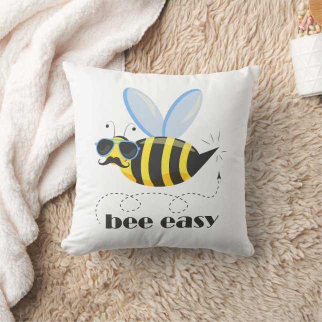 Bee character with moustache sunglasses Bee Easy Throw Pillow (Blanket)