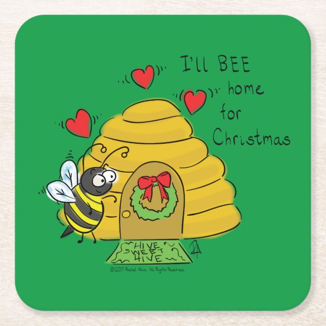 Bee Christmas Cartoon Square Paper Coaster (Front)