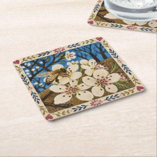 Bee Coaster Set - Bee on Pear Blossoms Folk Art