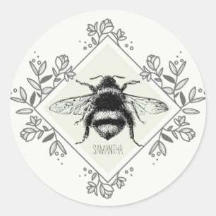 Bee Custom Name Floral Border Classic Round Sticker