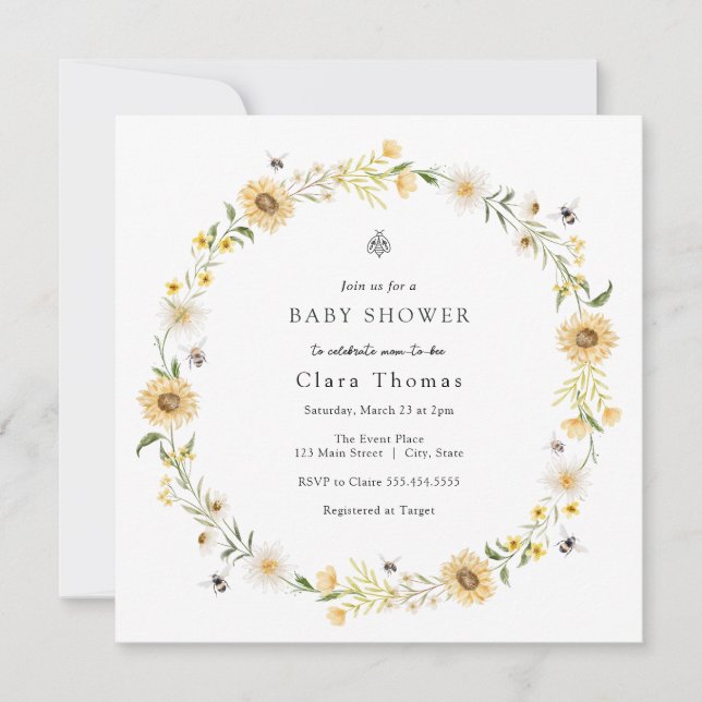 Bee Daisies Sunflowers Bridal Shower Invitation (Front)