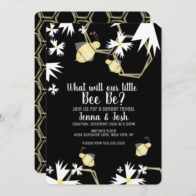 Bee Daisy and Floral Gender Reveal Invitation (Front/Back)