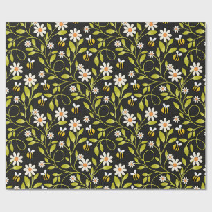Bee & Daisy Floral Wrapping Paper Black Botanical