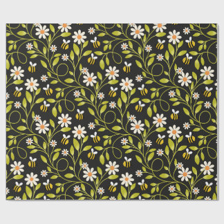 Bee & Daisy Floral Wrapping Paper Black Botanical
