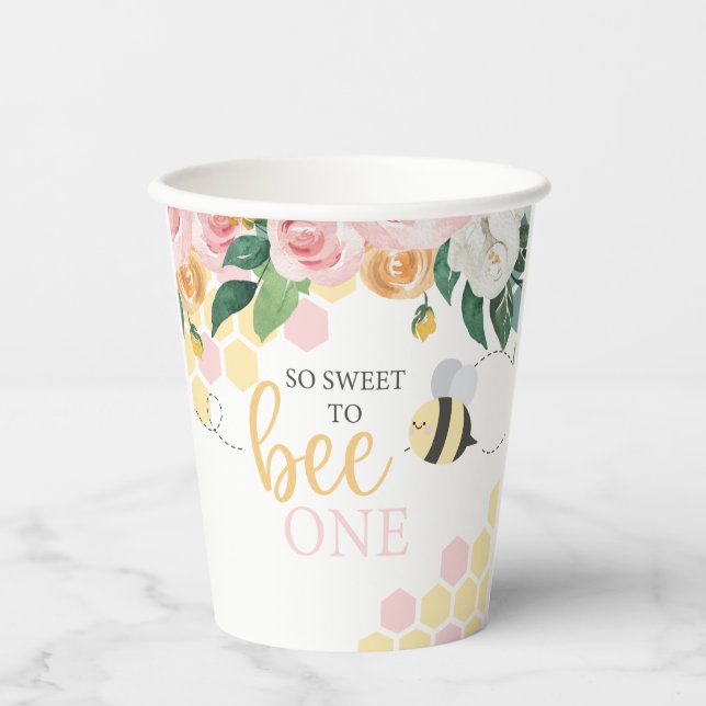 Bee Day Bumblebee 1st Birthday pink floral Paper Cups (Front)