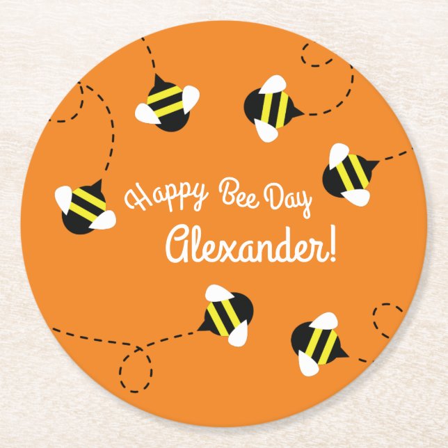 Bee Day Cute Kid's Birthday Round Paper Coaster (Front)