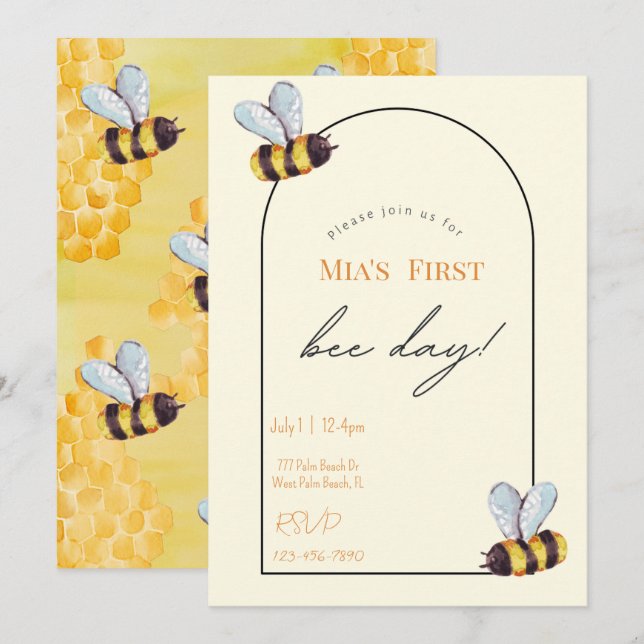 Bee-Day Organic Bee Themed Modern Minimal Birthday Invitation (Front/Back)