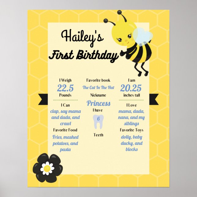 Bee-day Party 1st Birthday Milestone Poster (Front)