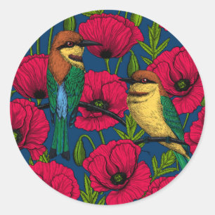 Bee eaters and poppies classic round sticker