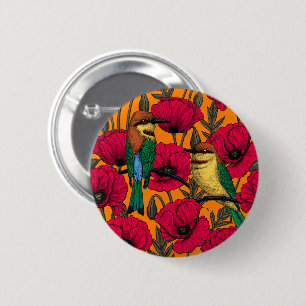 Bee eaters and poppies on orange 2 inch round button