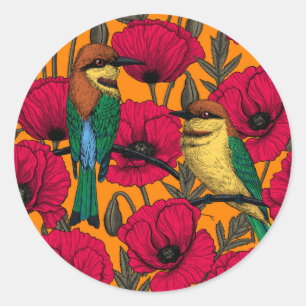 Bee eaters and poppies on orange classic round sticker