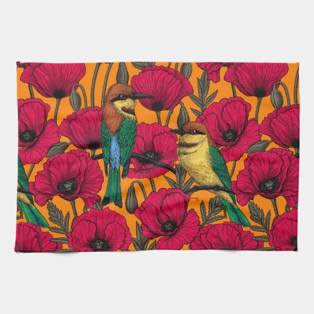 Bee eaters and poppies on orange kitchen towel (Horizontal)