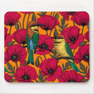 Bee eaters and poppies on orange mouse pad