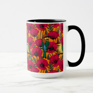 Bee eaters and poppies on orange mug