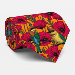 Bee eaters and poppies on orange tie