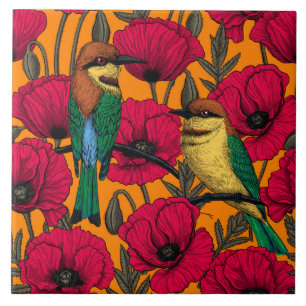 Bee eaters and poppies on orange tile