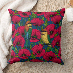 Bee eaters and poppies throw pillow
