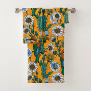 Bee-eaters, blue butterflies and daisies on orange bath towel set