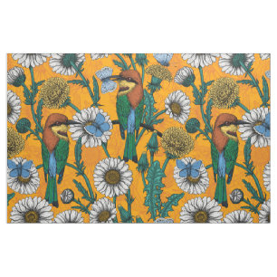 Bee-eaters, blue butterflies and daisies on orange fabric