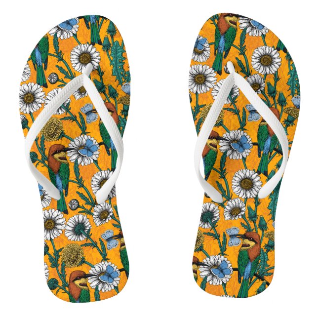 Bee-eaters, blue butterflies and daisies on orange flip flops (Footbed)
