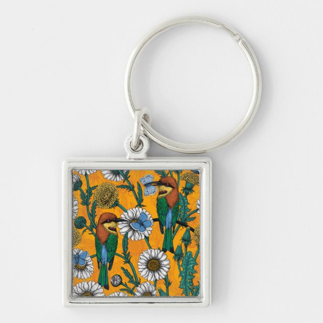 Bee-eaters, blue butterflies and daisies on orange keychain (Front)