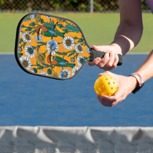 Bee-eaters, blue butterflies and daisies on orange pickleball paddle