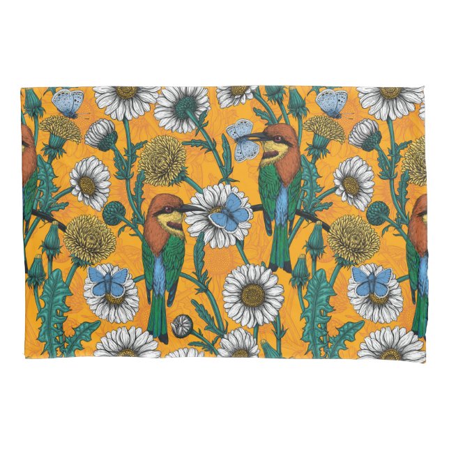 Bee-eaters, blue butterflies and daisies on orange pillowcase (Front-Left)