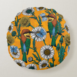 Bee-eaters, blue butterflies and daisies on orange round pillow