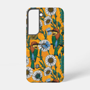 Bee-eaters, blue butterflies and daisies on orange samsung galaxy case