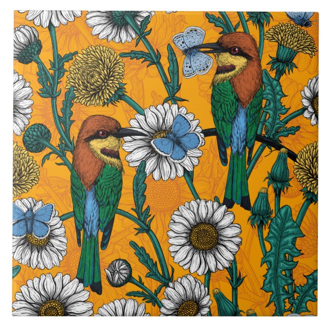 Bee-eaters, blue butterflies and daisies on orange tile (Front)