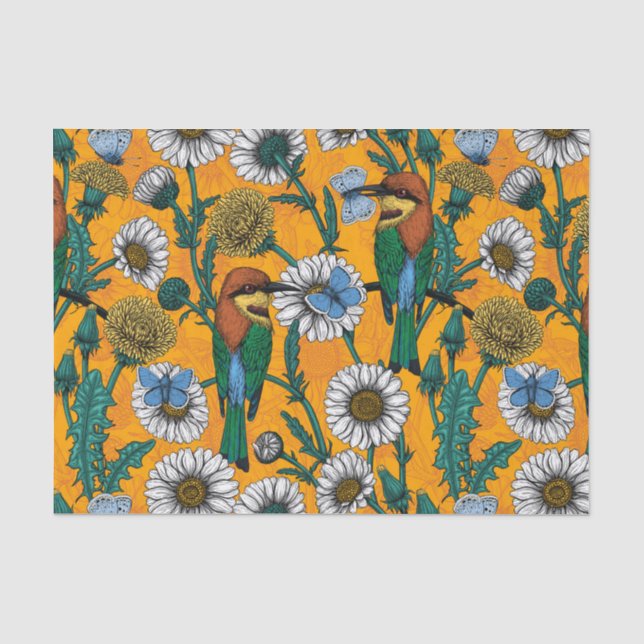 Bee-eaters, blue butterflies and daisies on orange tissue paper (Front)