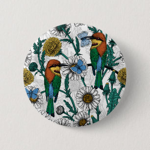 Bee-eaters, blue butterflies and daisies on white 2 inch round button