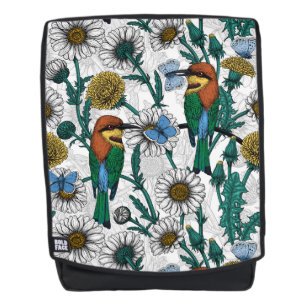 Bee-eaters, blue butterflies and daisies on white backpack