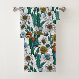 Bee-eaters, blue butterflies and daisies on white bath towel set