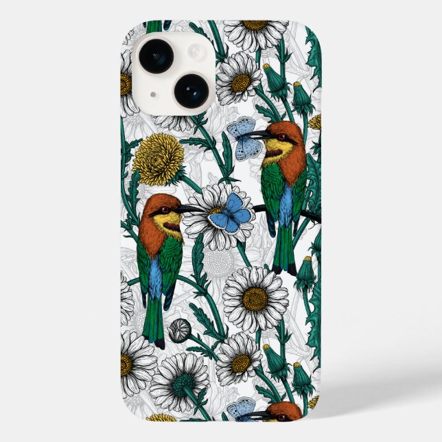 Bee-eaters, blue butterflies and daisies on white Case-Mate iPhone case (Back)