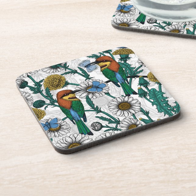 Bee-eaters, blue butterflies and daisies on white coaster (Left Side)