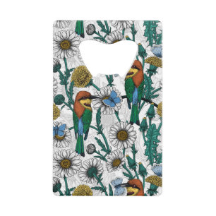 Bee-eaters, blue butterflies and daisies on white credit card bottle opener