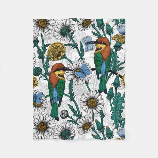 Bee-eaters, blue butterflies and daisies on white fleece blanket (Front)