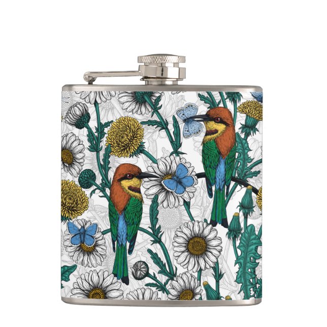 Bee-eaters, blue butterflies and daisies on white hip flask (Front)