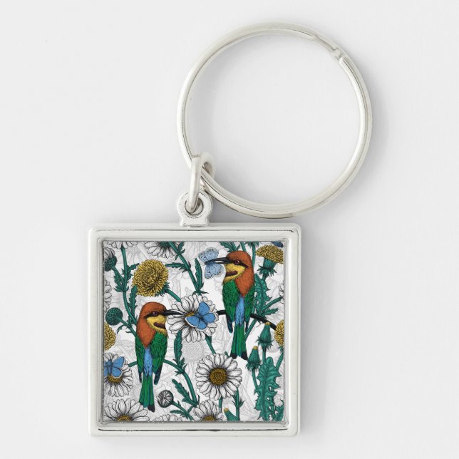 Bee-eaters, blue butterflies and daisies on white keychain (Front)