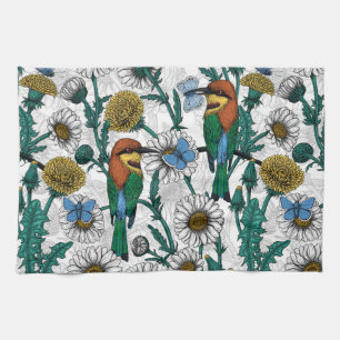 Bee-eaters, blue butterflies and daisies on white kitchen towel