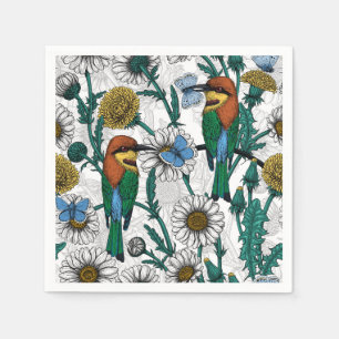 Bee-eaters, blue butterflies and daisies on white napkin