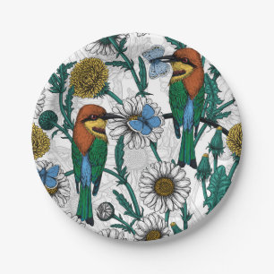 Bee-eaters, blue butterflies and daisies on white paper plate