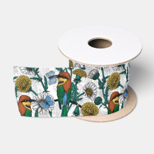Bee-eaters, blue butterflies and daisies on white satin ribbon