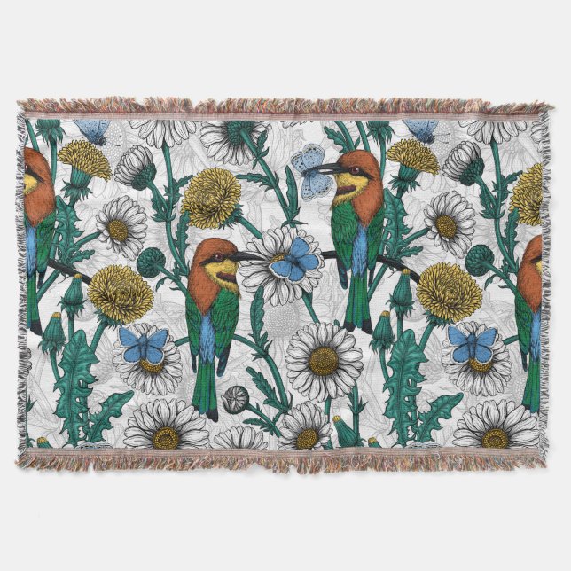 Bee-eaters, blue butterflies and daisies on white throw blanket (Front)