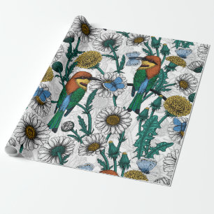 Bee-eaters, blue butterflies and daisies on white wrapping paper